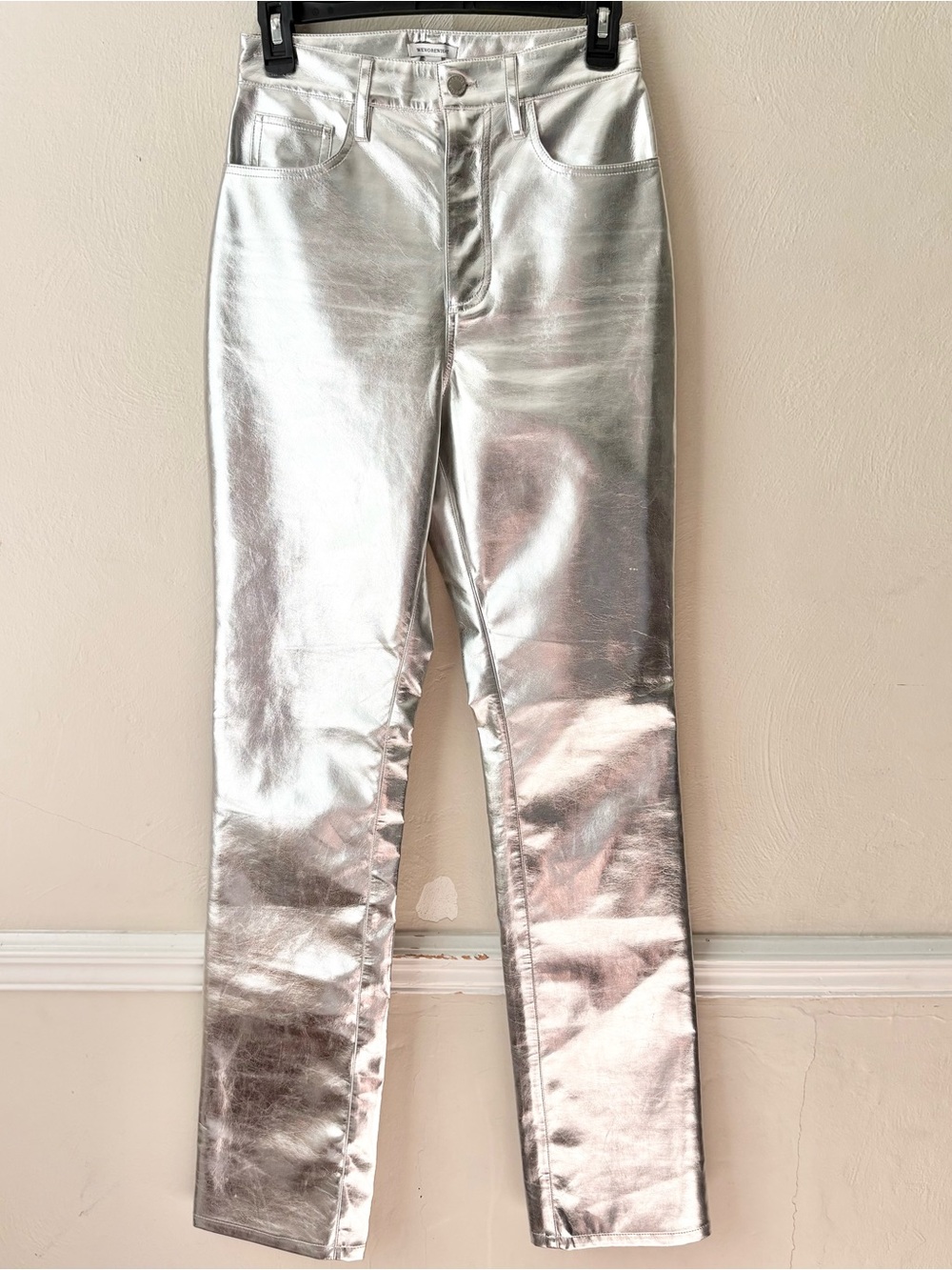 WeWoreWhat Metallic Silver Mirror Straight Leg Pants